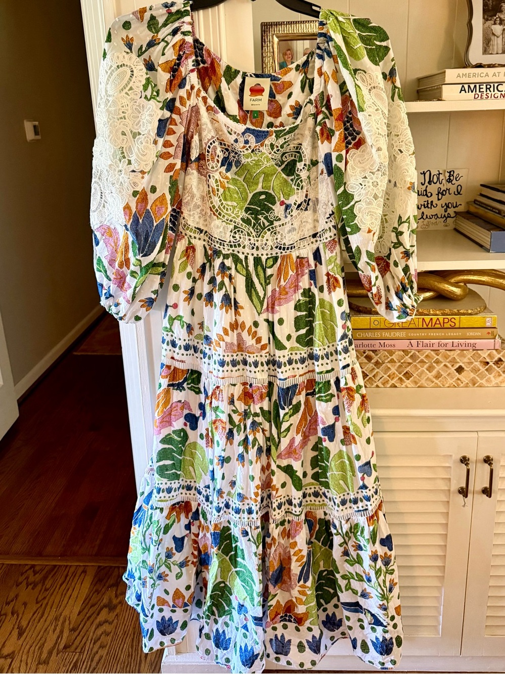 FARM Rio White Tiered Midi Dress with Multicolor Floral Print